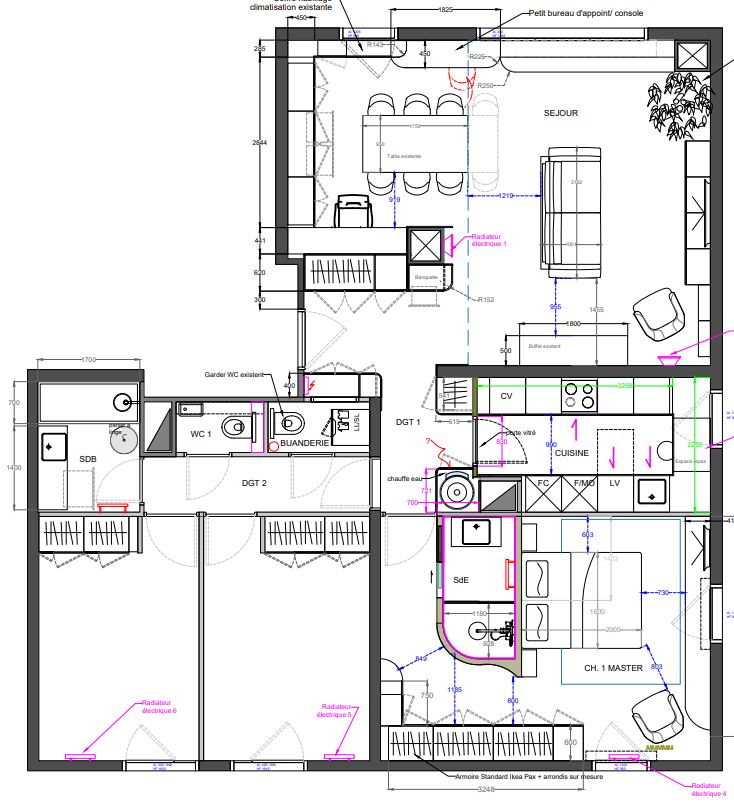 Conception plans aménagement appartement. Distribution d'espace et implantation meubles. 